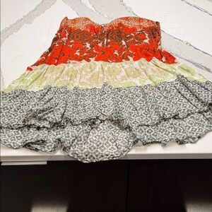 Free People Red and Green Tiered Cotton Tunic Front Keyhole Neck